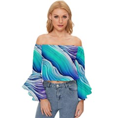 Ocean Waves In Pastel Tones Off Shoulder Flutter Bell Sleeve Top by GardenOfOphir