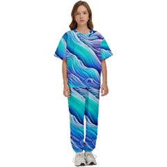 Ocean Waves In Pastel Tones Kids  Tee And Pants Sports Set by GardenOfOphir