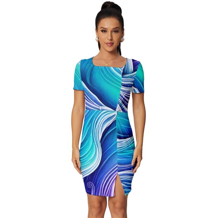 Ocean Waves In Pastel Tones Fitted Knot Split End Bodycon Dress