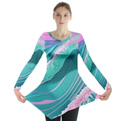 Pink Ocean Waves Long Sleeve Tunic  by GardenOfOphir