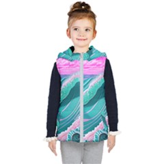 Pink Ocean Waves Kids  Hooded Puffer Vest by GardenOfOphir