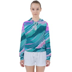 Pink Ocean Waves Women s Tie Up Sweat by GardenOfOphir