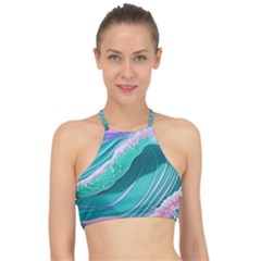 Pink Ocean Waves Racer Front Bikini Top by GardenOfOphir