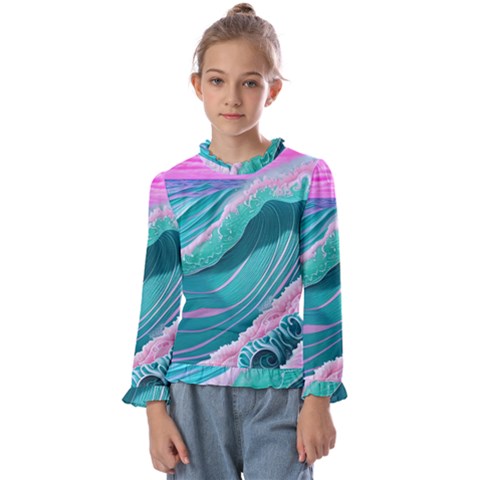 Pink Ocean Waves Kids  Frill Detail Tee by GardenOfOphir