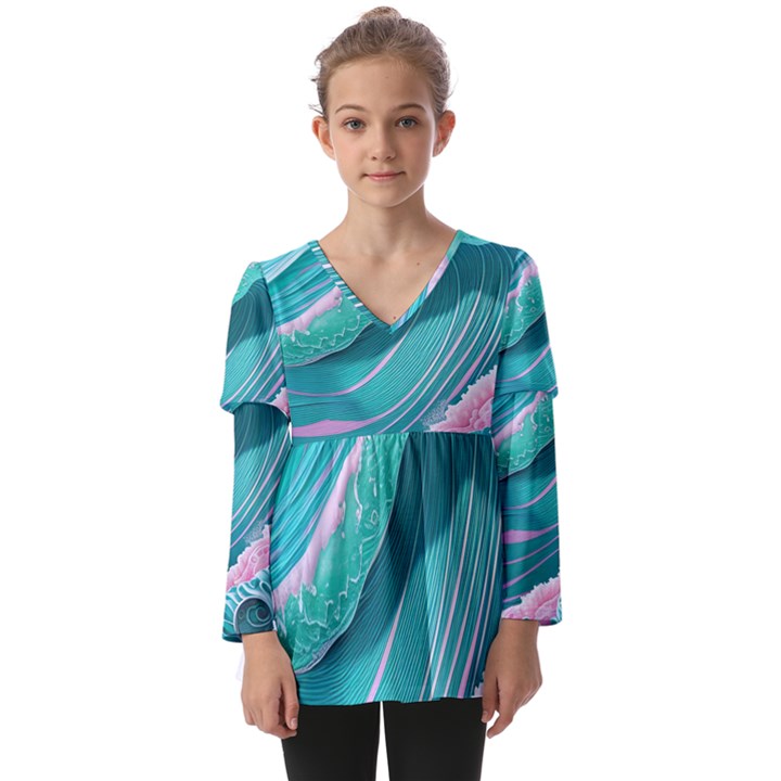 Pink Ocean Waves Kids  V Neck Casual Top