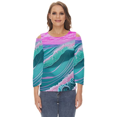 Pink Ocean Waves Cut Out Wide Sleeve Top by GardenOfOphir