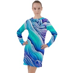 Ocean Waves In Pastel Tones Long Sleeve Hoodie Dress by GardenOfOphir