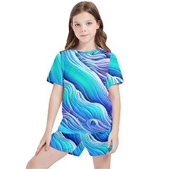 Ocean Waves In Pastel Tones Kids  Tee And Sports Shorts Set by GardenOfOphir