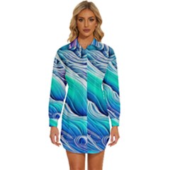 Ocean Waves In Pastel Tones Womens Long Sleeve Shirt Dress