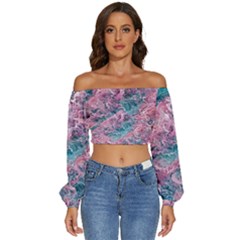 Ocean Waves In Pink Ii Long Sleeve Crinkled Weave Crop Top