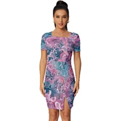 Ocean Waves In Pink Ii Fitted Knot Split End Bodycon Dress