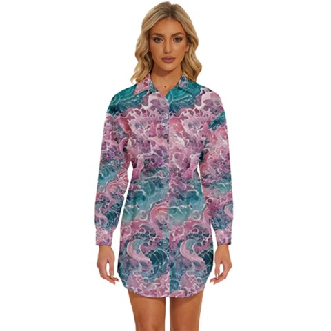 Ocean Waves In Pink Ii Womens Long Sleeve Shirt Dress by GardenOfOphir