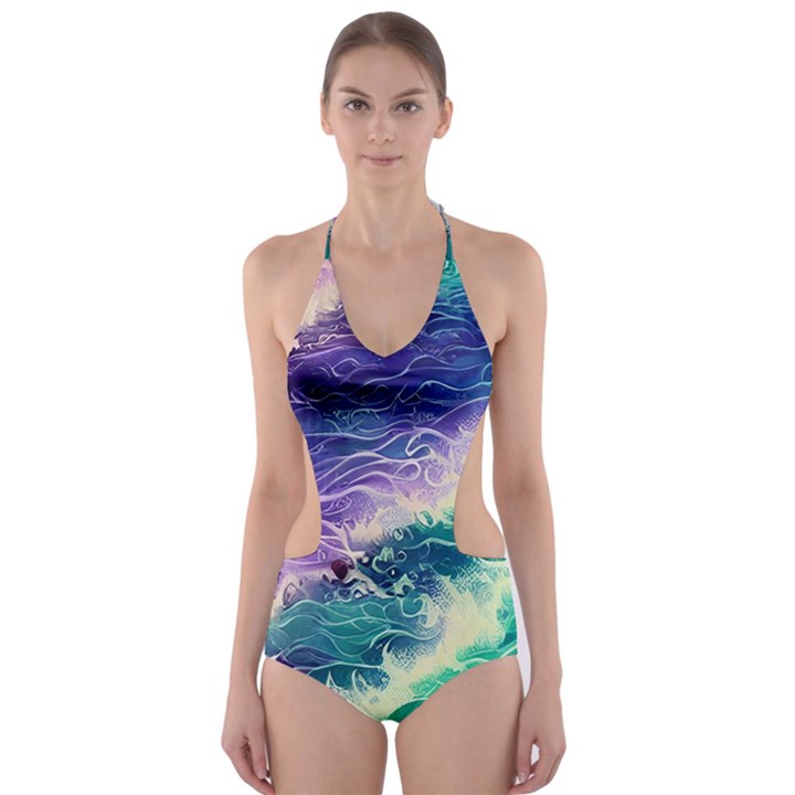 Pastel Hues Ocean Waves Cut-Out One Piece Swimsuit