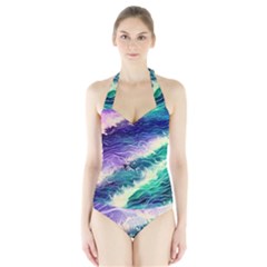 Pastel Hues Ocean Waves Halter Swimsuit by GardenOfOphir