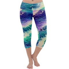 Pastel Hues Ocean Waves Capri Yoga Leggings by GardenOfOphir