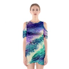 Pastel Hues Ocean Waves Shoulder Cutout One Piece Dress