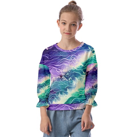 Pastel Hues Ocean Waves Kids  Cuff Sleeve Top by GardenOfOphir