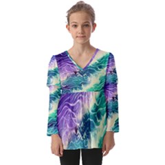 Pastel Hues Ocean Waves Kids  V Neck Casual Top