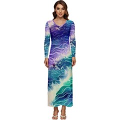 Pastel Hues Ocean Waves Long Sleeve Longline Maxi Dress by GardenOfOphir