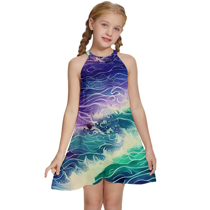 Pastel Hues Ocean Waves Kids  Halter Collar Waist Tie Chiffon Dress