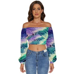 Pastel Hues Ocean Waves Long Sleeve Crinkled Weave Crop Top