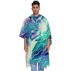 Pastel Hues Ocean Waves Men s Hooded Rain Ponchos