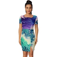 Pastel Hues Ocean Waves Fitted Knot Split End Bodycon Dress