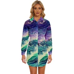 Pastel Hues Ocean Waves Womens Long Sleeve Shirt Dress