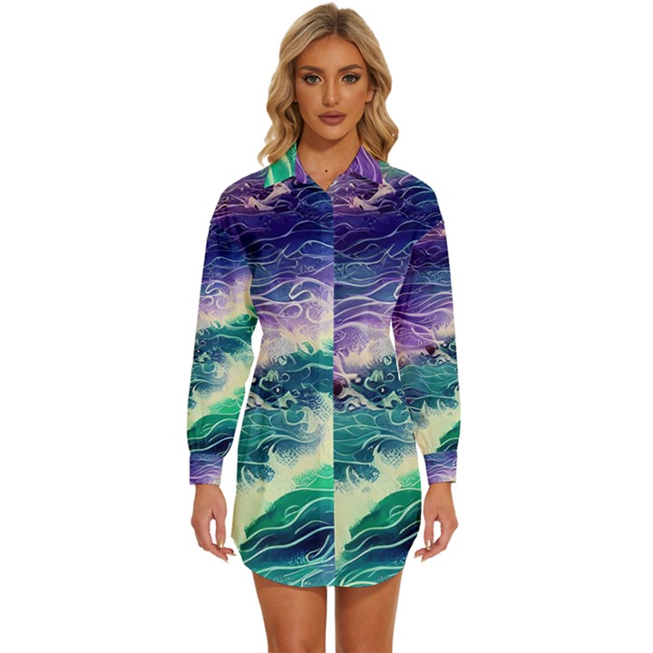 Pastel Hues Ocean Waves Womens Long Sleeve Shirt Dress