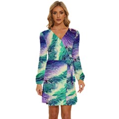 Pastel Hues Ocean Waves Long Sleeve Waist Tie Ruffle Velvet Dress