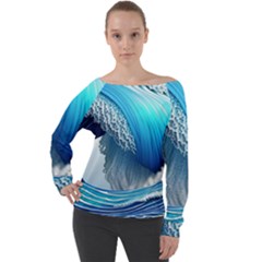 The Power Of The Ocean Off Shoulder Long Sleeve Velour Top by GardenOfOphir