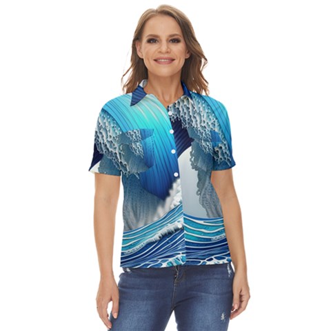 The Power Of The Ocean Women s Short Sleeve Double Pocket Shirt by GardenOfOphir