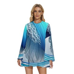 The Power Of The Ocean Round Neck Long Sleeve Bohemian Style Chiffon Mini Dress