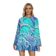 The Beauty Of Waves Round Neck Long Sleeve Bohemian Style Chiffon Mini Dress