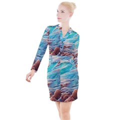 Waves Of The Ocean Button Long Sleeve Dress by GardenOfOphir