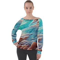 Waves Of The Ocean Off Shoulder Long Sleeve Velour Top by GardenOfOphir