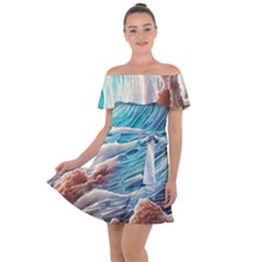 Waves Of The Ocean Off Shoulder Velour Dress by GardenOfOphir