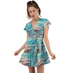 Waves Of The Ocean Flutter Sleeve Wrap Dress by GardenOfOphir