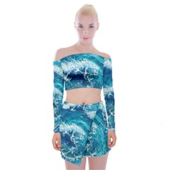 Abstract Blue Ocean Waves Iii Off Shoulder Top With Mini Skirt Set by GardenOfOphir