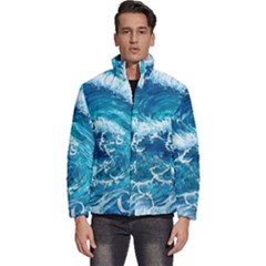 Abstract Blue Ocean Waves Iii Men s Puffer Bubble Jacket Coat by GardenOfOphir