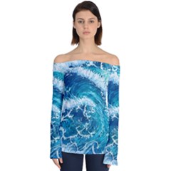 Abstract Blue Ocean Waves Iii Off Shoulder Long Sleeve Top by GardenOfOphir