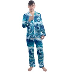 Abstract Blue Ocean Waves Iii Men s Long Sleeve Satin Pajamas Set by GardenOfOphir