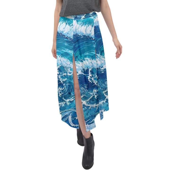 Abstract Blue Ocean Waves Iii Velour Split Maxi Skirt