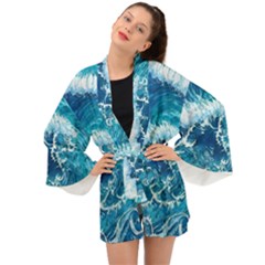 Abstract Blue Ocean Waves Iii Long Sleeve Kimono by GardenOfOphir