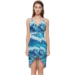 Abstract Blue Ocean Waves Iii Wrap Frill Dress by GardenOfOphir