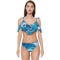 Abstract Blue Ocean Waves Iii Ruffle Edge Tie Up Bikini Set	