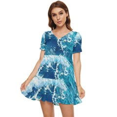 Abstract Blue Ocean Waves Iii Tiered Short Sleeve Babydoll Dress by GardenOfOphir