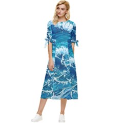 Abstract Blue Ocean Waves Iii Bow Sleeve Chiffon Midi Dress by GardenOfOphir