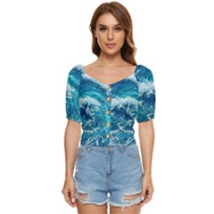 Abstract Blue Ocean Waves Iii Button Up Blouse