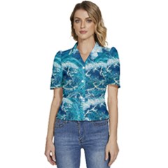 Abstract Blue Ocean Waves Iii Puffed Short Sleeve Button Up Jacket